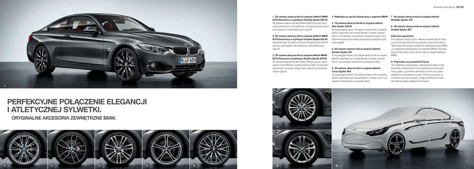 -calowe obręcze kół ze stopów lekkich BMW M Performance w stylistyce Double Spoke M Wysokiej klasy -calowe obręcze Double Spoke M są kute, polerowane oraz opatrzone czterokolorowym logo M.