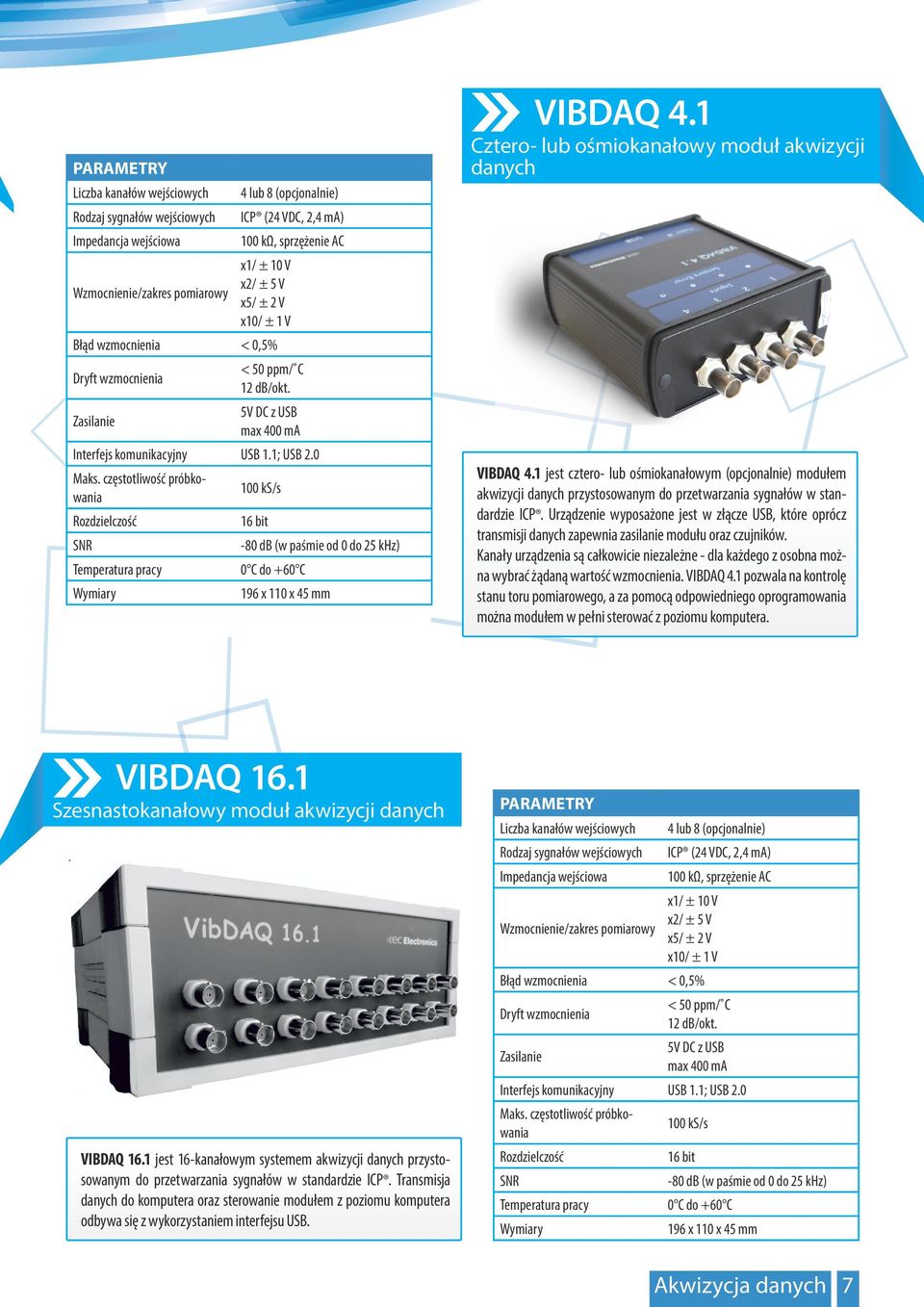 częstotliwość próbkowania 100 ks/s Rozdzielczość 16 bit -80 db (w paśmie od 0 do 25 khz) Temperatura pracy 0 C do +60 C Wymiary 196 x 110 x 45 mm VIBDAQ 4.