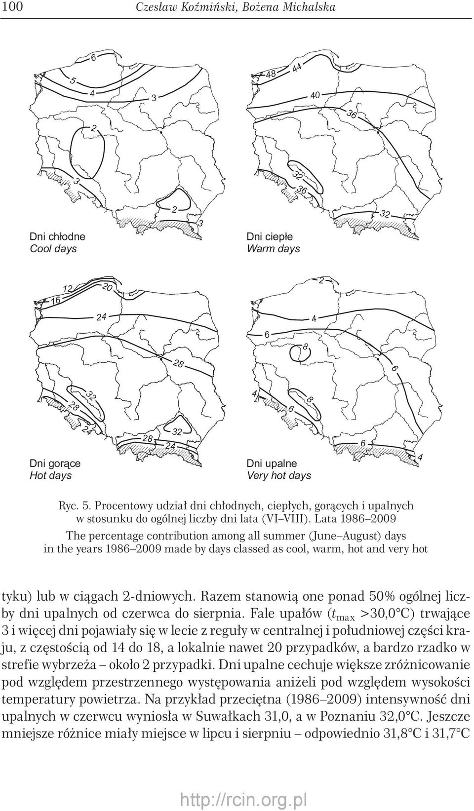Lata 909 The percentage contribution among all summer (JuneAugust) days in the years 909 made by days classed as cool, warm, hot and very hot tyku) lub w ciągach -dniowych.