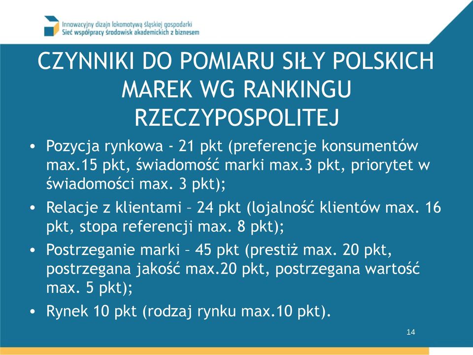 3 pkt); Relacje z klientami 24 pkt (lojalność klientów max. 16 pkt, stopa referencji max.