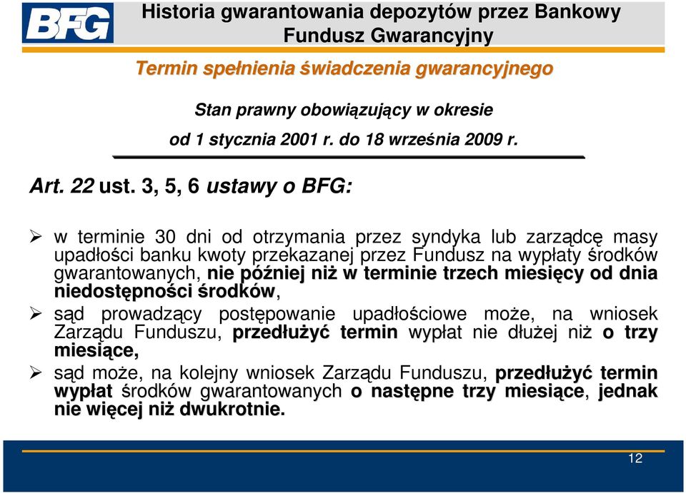 3, 5, 6 ustawy o BFG: w terminie 30 dni od otrzymania przez syndyka lub zarządcę masy upadłości banku kwoty przekazanej przez Fundusz na wypłaty środków gwarantowanych, nie później niż