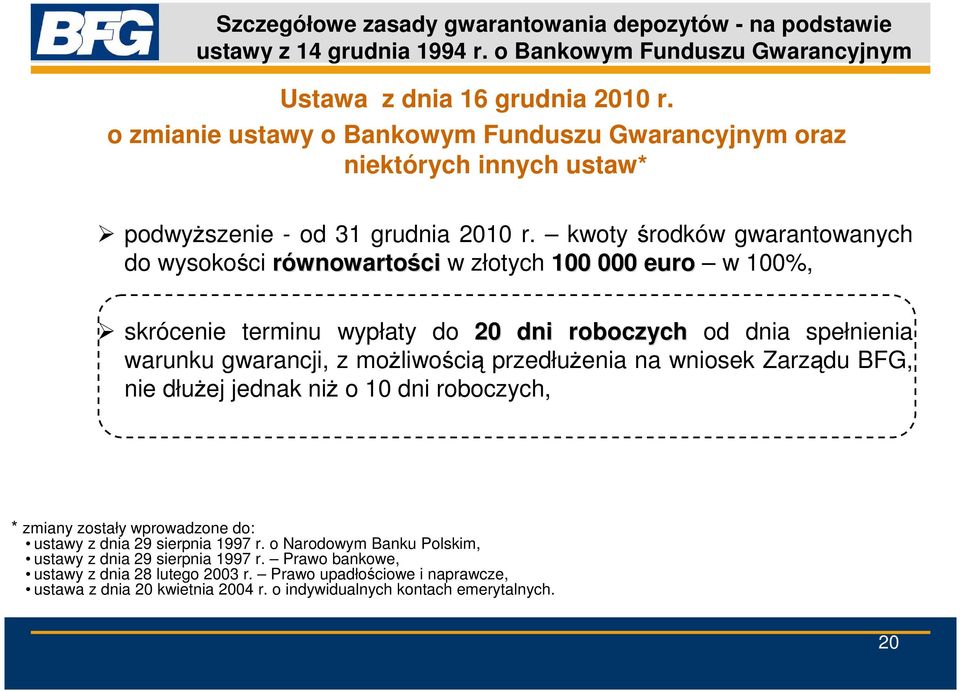 kwoty środków gwarantowanych do wysokości równowartości w złotych 100 000 euro w 100%, skrócenie terminu wypłaty do 20 dni roboczych od dnia spełnienia warunku gwarancji, z możliwością przedłużenia