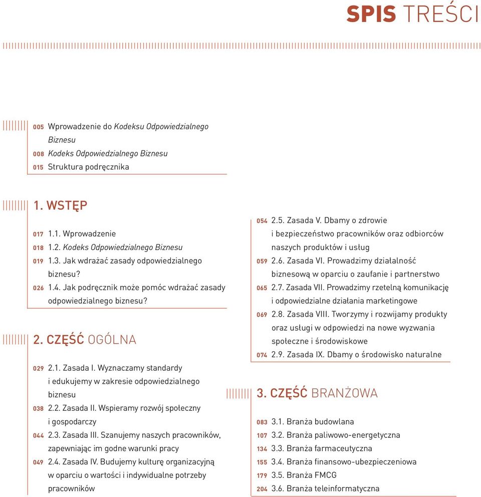 Wyznaczamy standardy i edukujemy w zakresie odpowiedzialnego biznesu 038 2.2. Zasada II. Wspieramy rozwój społeczny i gospodarczy 044 2.3. Zasada III.