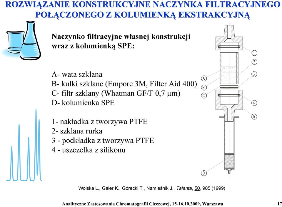 µm) D- kolumienka SPE 1- nakładka z tworzywa PTFE 2- szklana rurka 3 - podkładka z tworzywa PTFE 4 - uszczelka z silikonu Wolska L.