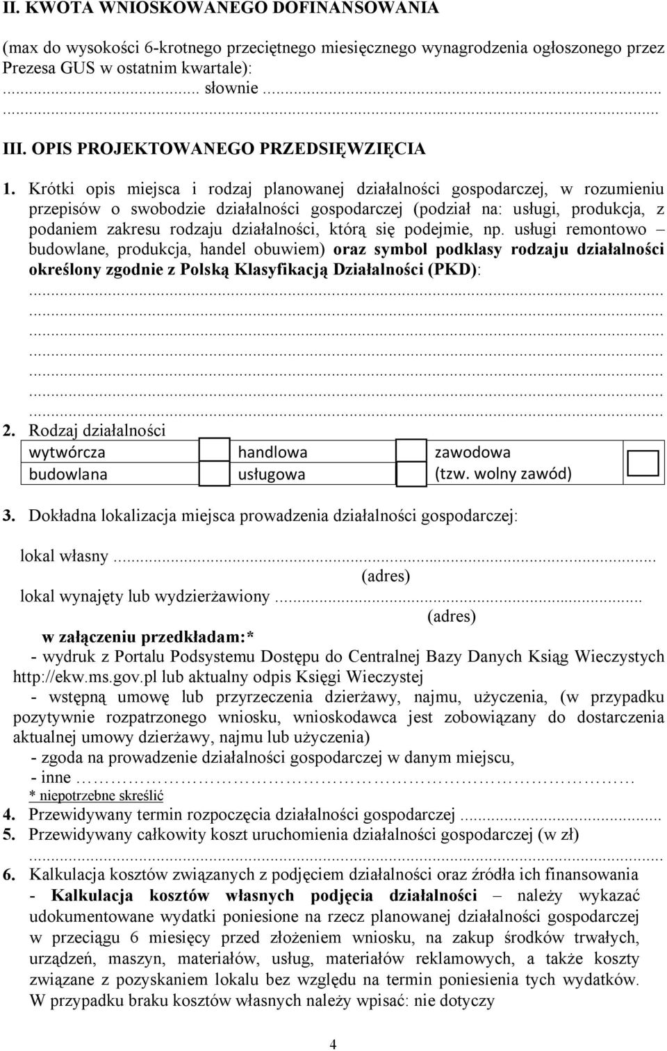 Krótki opis miejsca i rodzaj planowanej działalności gospodarczej, w rozumieniu przepisów o swobodzie działalności gospodarczej (podział na: usługi, produkcja, z podaniem zakresu rodzaju