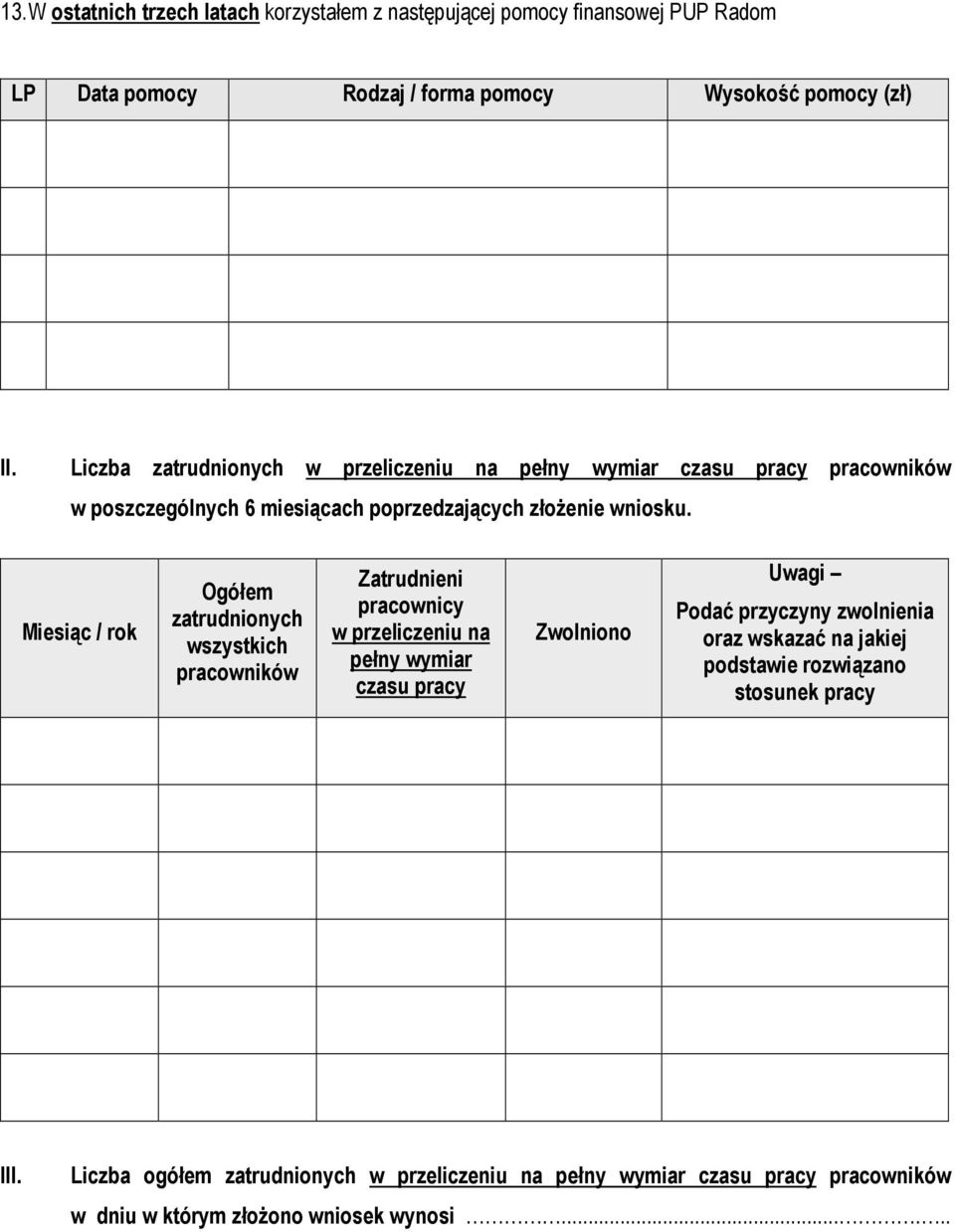 Miesiąc / rok Ogółem zatrudnionych wszystkich pracowników Zatrudnieni pracownicy w przeliczeniu na pełny wymiar czasu pracy Zwolniono Uwagi Podać przyczyny