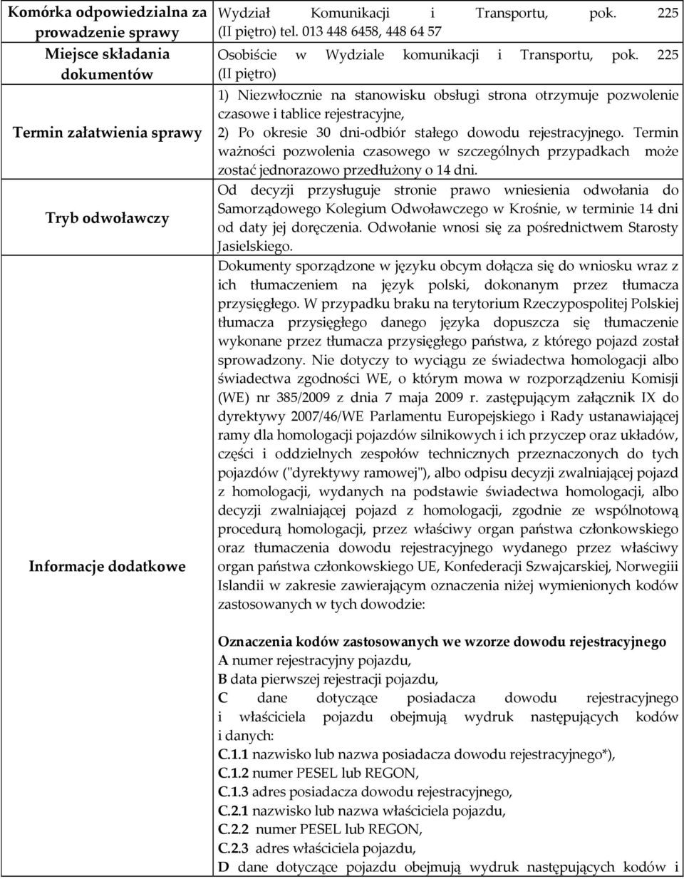 225 (II piętro) 1) Niezwłocznie na stanowisku obsługi strona otrzymuje pozwolenie czasowe i tablice rejestracyjne, 2) Po okresie 30 dni-odbiór stałego dowodu rejestracyjnego.