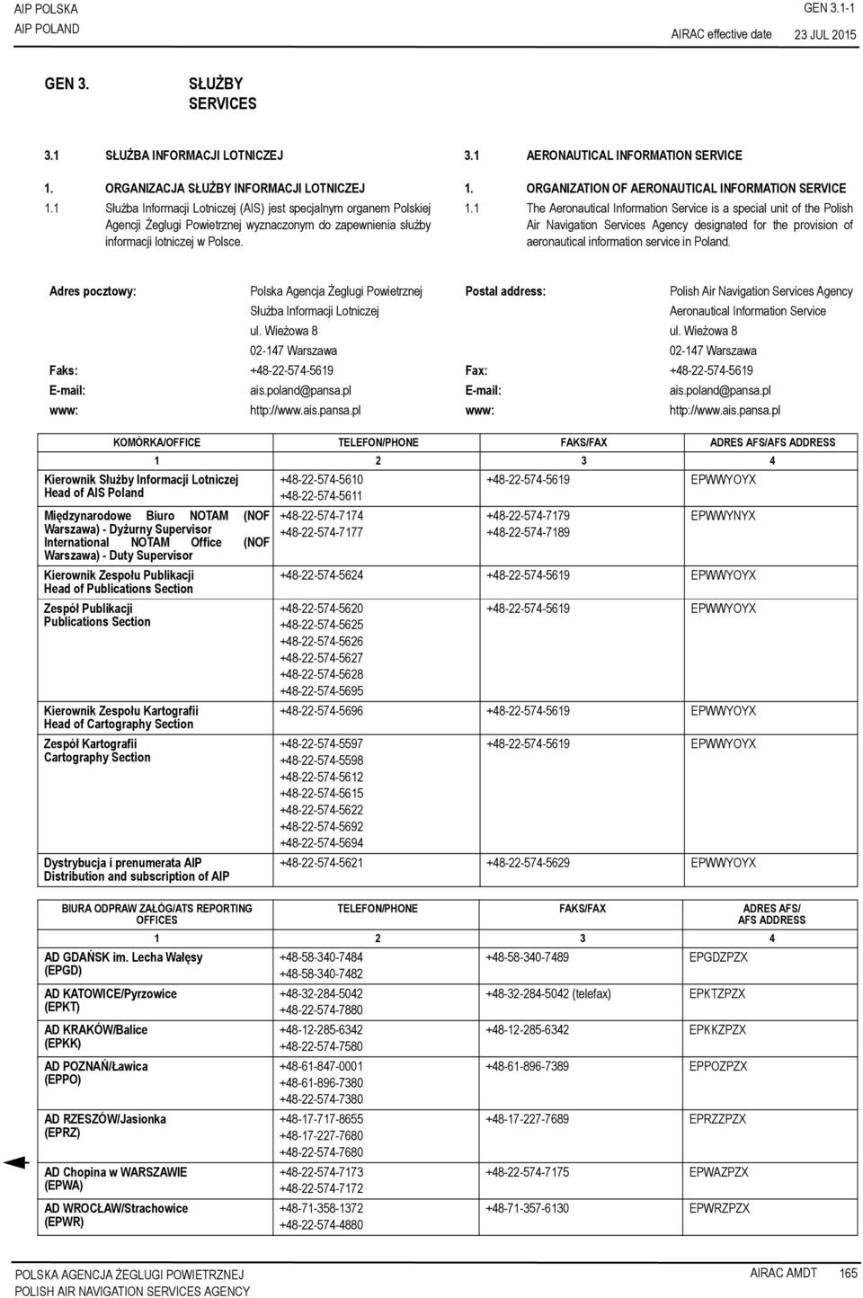 1 Służba Informacji Lotniczej (AIS) jest specjalnym organem Polskiej Agencji Żeglugi Powietrznej wyznaczonym do zapewnienia służby informacji lotniczej w Polsce. 1.