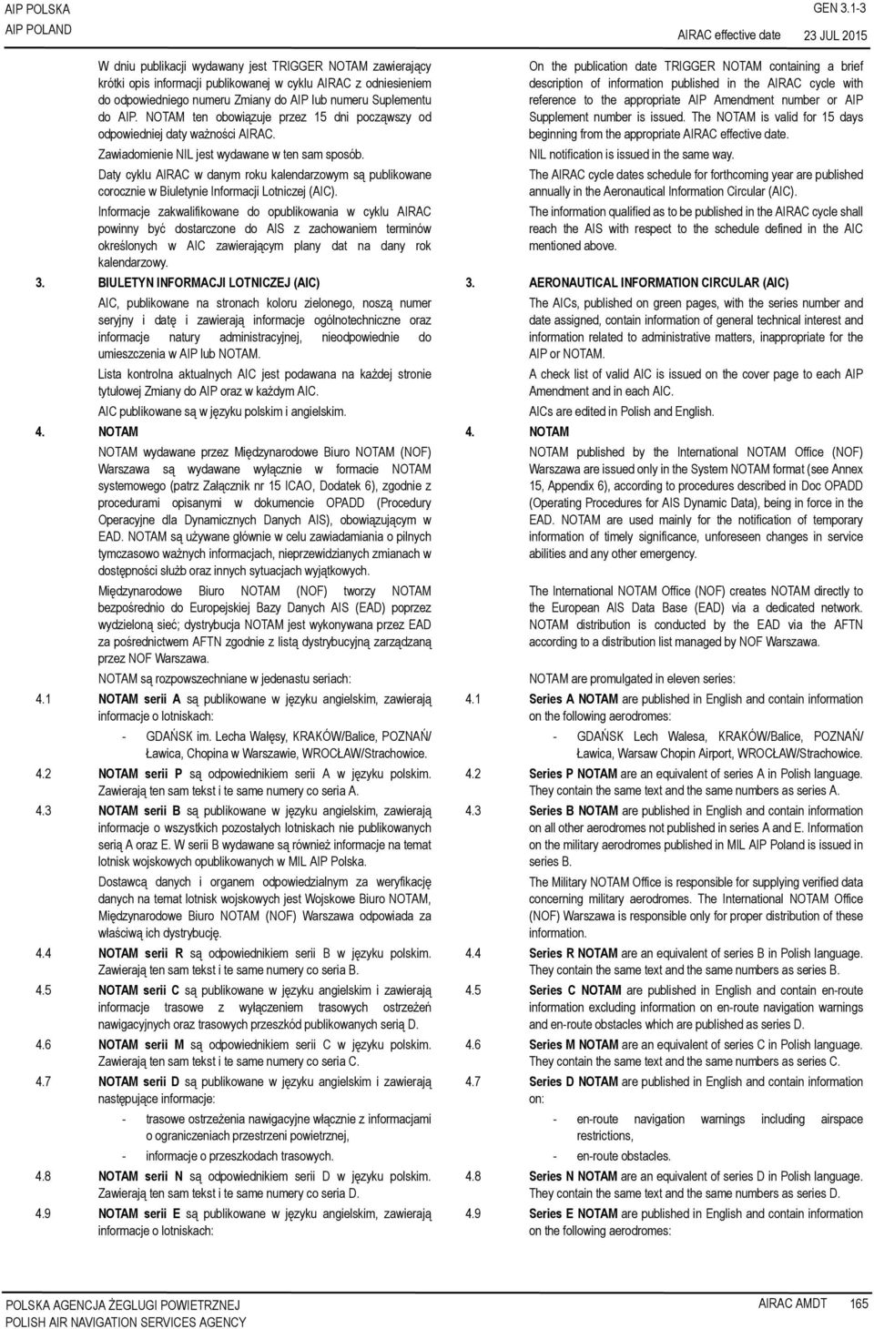 NOTAM ten obowiązuje przez 15 dni począwszy od odpowiedniej daty ważności AIRAC. Zawiadomienie NIL jest wydawane w ten sam sposób.