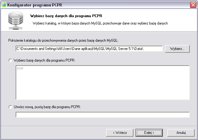 10 3. Wskazujemy katalog, w którym baza danych MySQL przechowuje dane i wybieramy bazę dla programu PCPR.