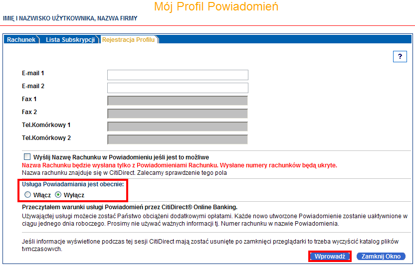 3. Wyłączanie Powiadomień 7 1. Zaloguj się do CitiDirect. Następnie w menu po lewej stronie kliknij na Komunikat Zawiadomienia. Otworzy się strona główna Notyfikacji.