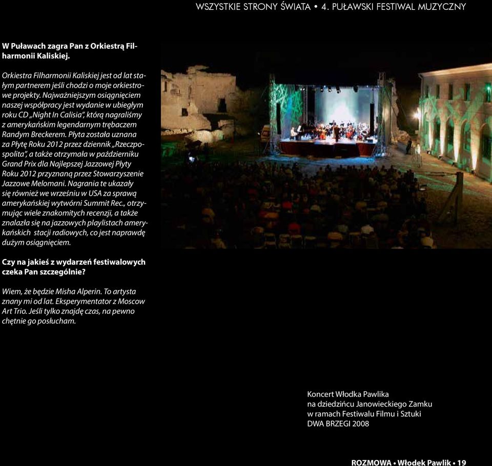 Najważniejszym osiągnięciem naszej współpracy jest wydanie w ubiegłym roku CD Night In Calisia, którą nagraliśmy z amerykańskim legendarnym trębaczem Randym Breckerem.
