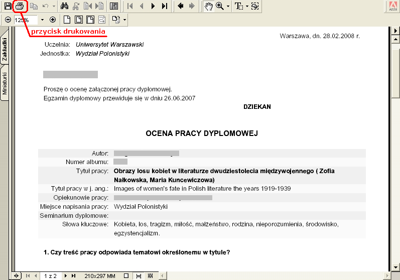 Rysunek 14: Inicjowanie wydruku recencji Po kliknięciu w ikonę otrzymamy gotowy do wydruku plik w formacie PDF (rys.