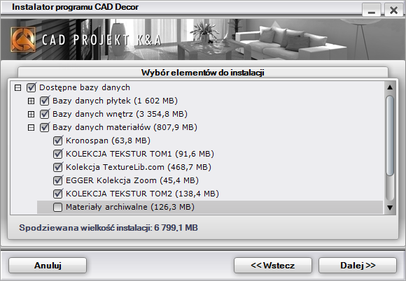 Wymagana ilość wolnego miejsca na dysku to około 5 GB. Pierwszym krokiem instalacji programu jest wybranie baz danych, z użyciem których tworzone będą projekty.