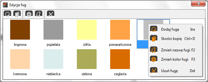 Rozdział 21. Edytor baz płytek ceramicznych - Usuń zaznaczony obiekt [Del] - usuwa obiekt zaznaczony w chwili kliknięcia na tę ikonę lub klawisz [Delete] (płytkę, kolekcję lub typ kolekcji).