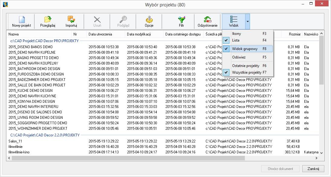 Instrukcja obsługi programu CAD Decor 2.2 Rys. 59 - listy projektów z podziałem na katalogi 4.