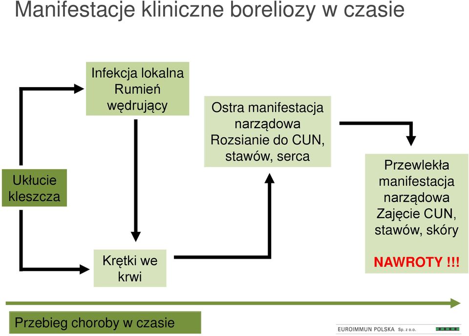 Rozsianie do CUN, stawów, serca Przewlekła manifestacja narządowa