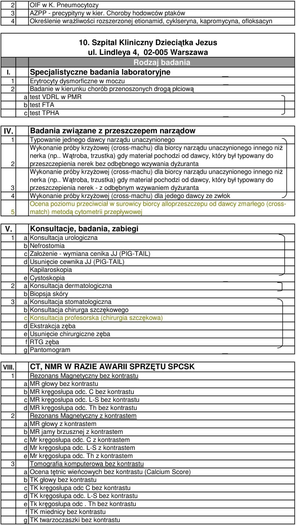 Lindleya 4, 02-005 Warszawa 1 Erytrocyty dysmorficzne w moczu 2 Badanie w kierunku chorób przenoszonych drogą płciową a test VDRL w PMR b test FTA c test TPHA IV.