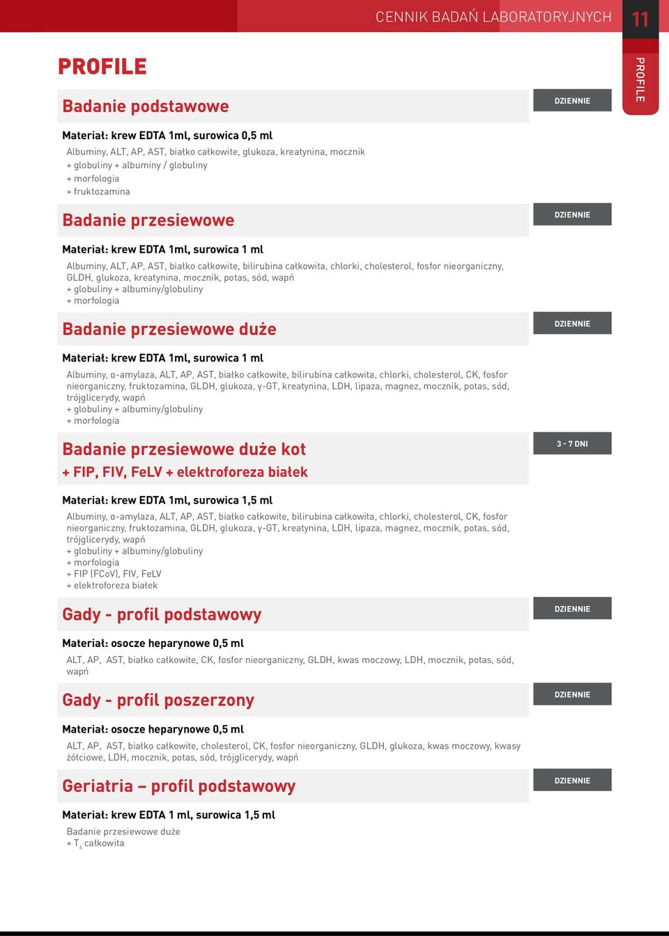 fosfor nieorganiczny, GLDH, glukoza, kreatynina, mocznik, potas, sód, wapń + globuliny + albuminy/globuliny + morfologia Badanie przesiewowe duże Materiał: krew EDTA 1ml, surowica 1 ml Albuminy,