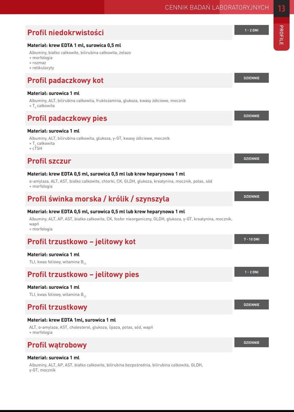 ml Albuminy, ALT, bilirubina całkowita, glukoza, γ-gt, kwasy żółciowe, mocznik + T 4 całkowita + ctsh Profil szczur Materiał: krew EDTA 0,5 ml, surowica 0,5 ml lub krew heparynowa 1 ml α-amylaza,
