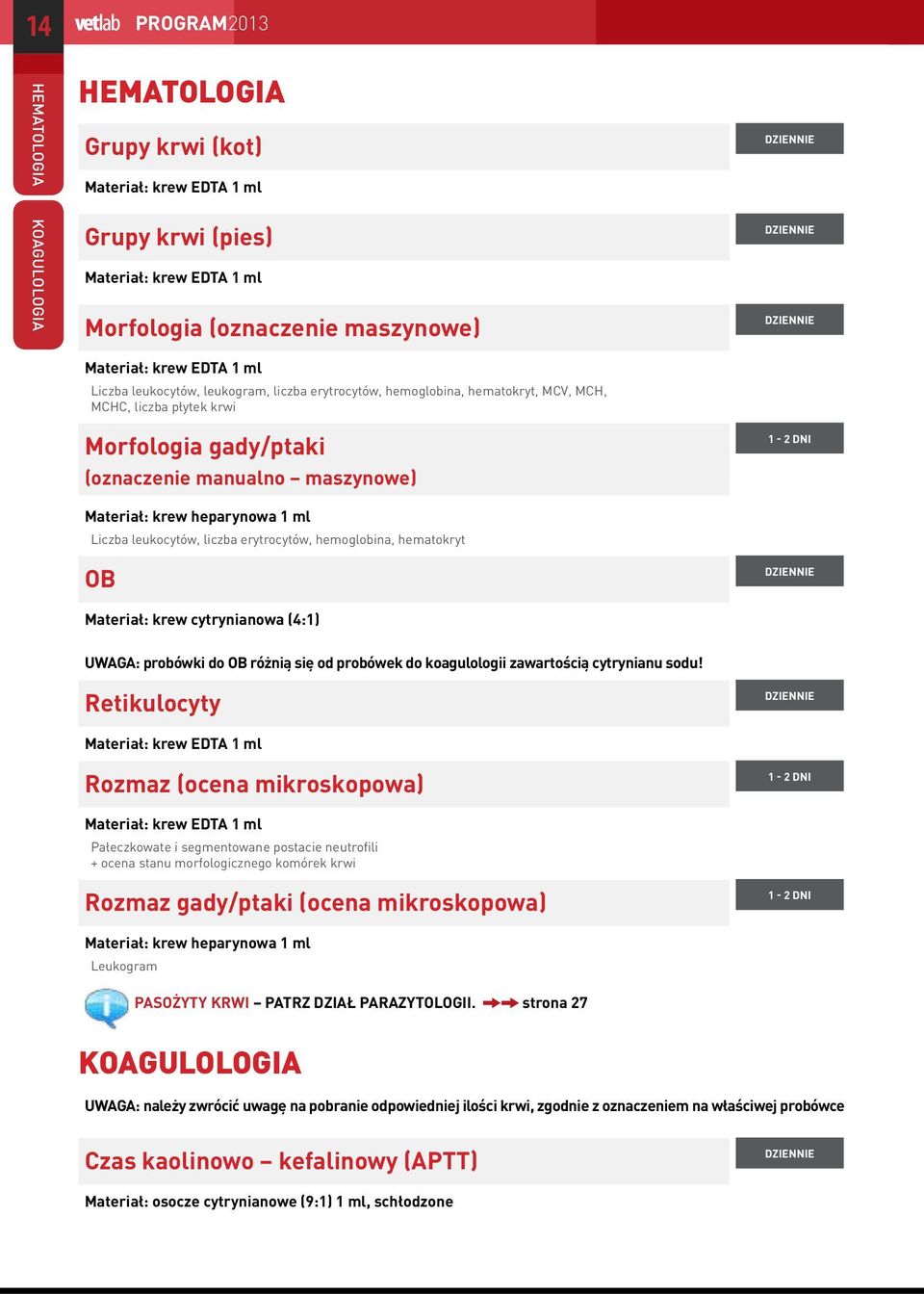 Liczba leukocytów, liczba erytrocytów, hemoglobina, hematokryt OB Materiał: krew cytrynianowa (4:1) dziennie 1-2 DNI UWAGA: probówki do OB różnią się od probówek do koagulologii zawartością