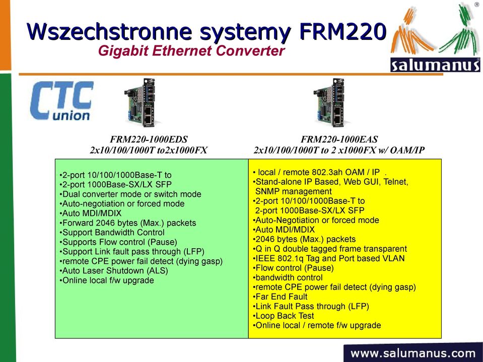 ) packets Support Bandwidth Control Supports Flow control (Pause) Support Link fault pass through (LFP) remote CPE power fail detect (dying gasp) Auto Laser Shutdown (ALS) Online local f/w upgrade