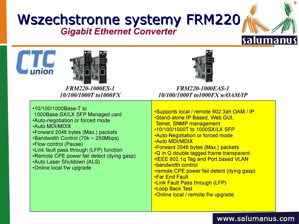 ) packets Bandwidth Control (70k ~ 250Mbps) Flow control (Pause) Link fault pass through (LFP) function Remote CPE power fail detect (dying gasp) Auto Laser Shutdown (ALS) Online local f/w upgrade