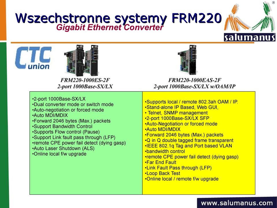 ) packets Support Bandwidth Control Supports Flow control (Pause) Support Link fault pass through (LFP) remote CPE power fail detect (dying gasp) Auto Laser Shutdown (ALS) Online local f/w upgrade