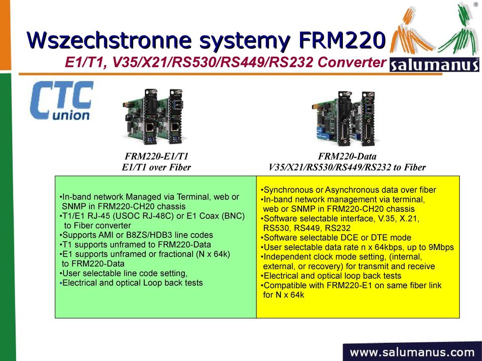 code setting, Electrical and optical Loop back tests FRM220-Data V35/X21/RS530/RS449/RS232 to Fiber Synchronous or Asynchronous data over fiber In-band network management via terminal, web or SNMP in