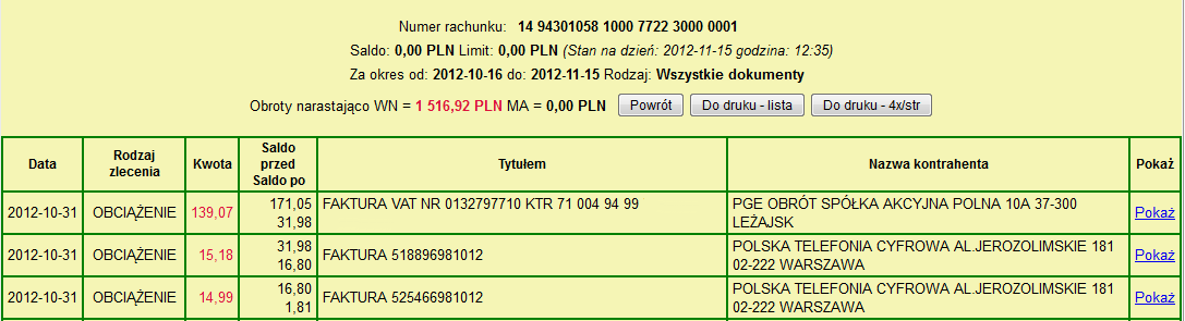 Wybierając opcję dla wybranych rachunków.