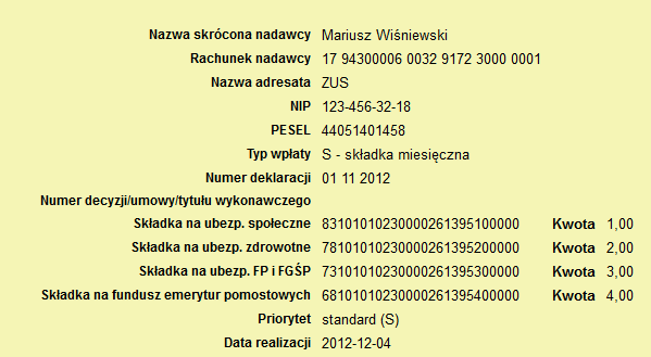 3.10. Przelew do ZUS Po wybraniu opcji Społecznych. wyświetlony zostanie formularz zlecenia do Zakładu Ubezpieczeń Należy wypełnić pola formularza i kliknąć przycisk.