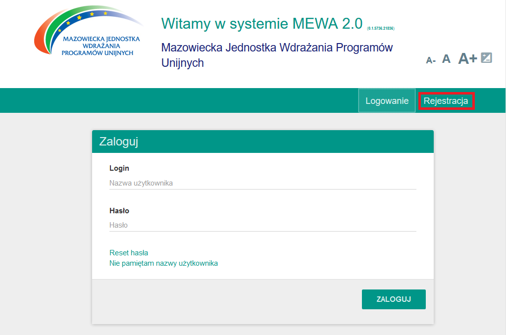 Rys. 1.Ekran logowania systemu MEWA 2.0 Dane logowania to część obowiązkowa.