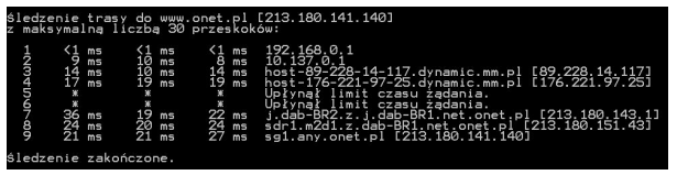 a) adres MAC. b) nazwę SSID. c) typ zabezpieczeń. d) klucz zabezpieczeń. 393. Rezultat wykonania którego polecenia z systemu Windows przedstawia rysunek? a) ping www.onet.pl b) tracert www.onet.pl c) netstat www.