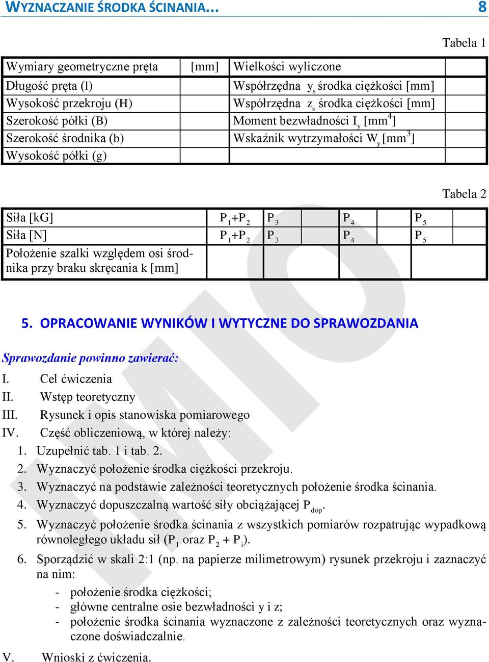 [mm 4 ] Serokość środnika (b) Wskaźnik wtrmałości W [mm 3 ] Wsokość półki (g) abela 1 Siła [kg] P 1 +P 2 P 3 P 4 P 5 Siła [N] P 1 +P 2 P 3 P 4 P 5 Położenie salki wględem osi środnika pr braku