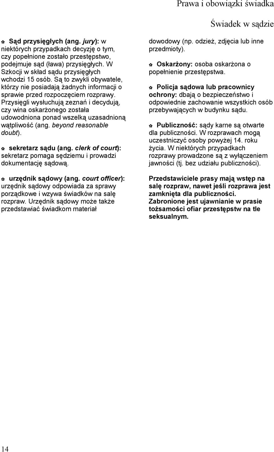 Przysięgli wysłuchują zeznań i decydują, czy wina oskarżonego została udowodniona ponad wszelką uzasadnioną wątpliwość (ang. beyond reasonable doubt). sekretarz sądu (ang.