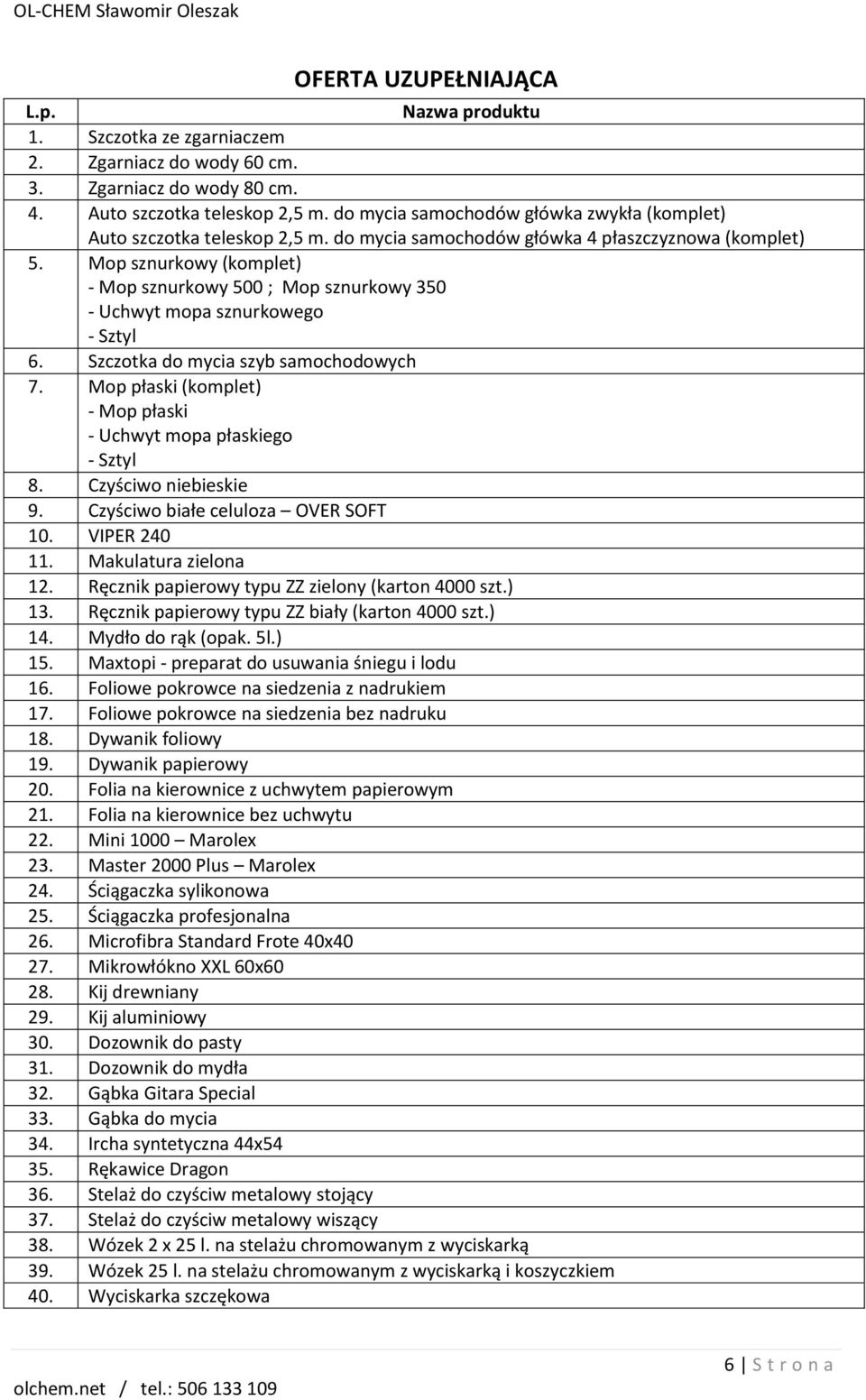 Mop sznurkowy (komplet) - Mop sznurkowy 500 ; Mop sznurkowy 350 - Uchwyt mopa sznurkowego - Sztyl 6. Szczotka do mycia szyb samochodowych 7.