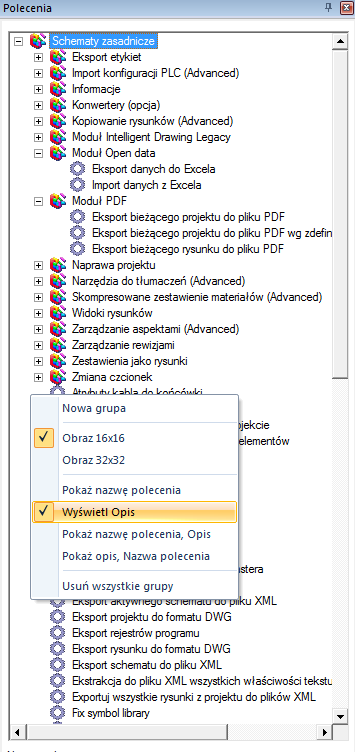 Obsługa polega na wskazaniu dwuklikiem danego polecenia. Polecenia muszą być podane obowiązkowo w języku angielskim, natomiast Opis działania poleceń jest dostępny w języku polskim.