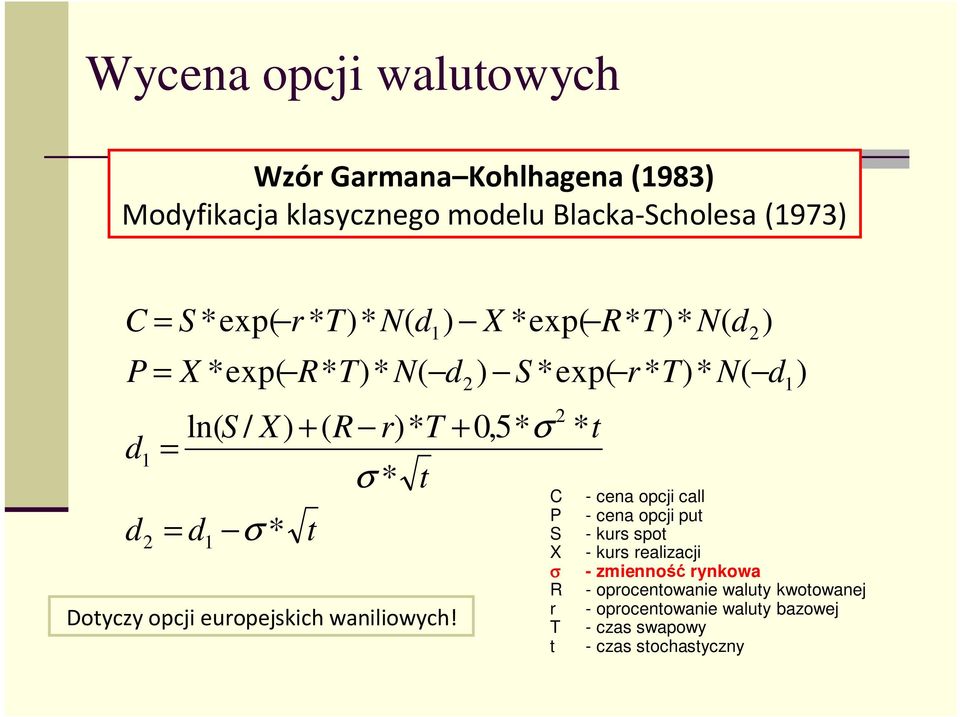 Dotyczy opcji europejskich waniliowych!