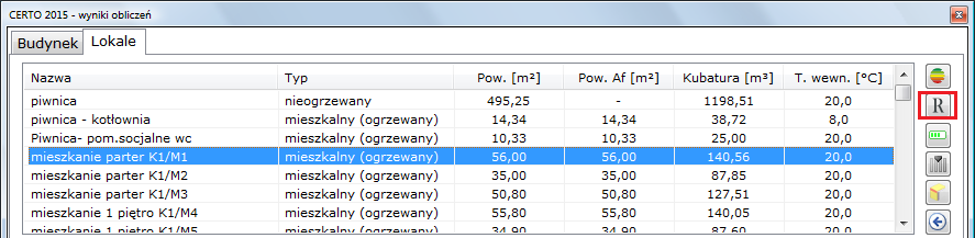 Moduł CERTO REJESTR uruchamia się na ekranie z wynikami obliczeń (przycisk fx): w celu wyeksportowania do Rejestru świadectwa budynku i/lub wybranych lokali (części budynku) za pomocą dużego