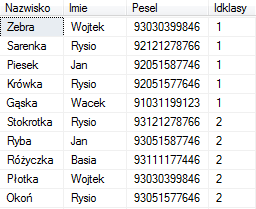 Rysunek 37. Wynik projekcji i selekcji Często chcemy uzyskać wynik zapytania uporządkowany według zadanego kryterium.
