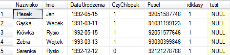 2. Otwieramy okno edycji i wpisujemy następujące polecenie: CREATE VIEW Widok_Uczniow_Klasy AS SELECT Nazwisko, Imie, DataUrodzenia, CzyChlopak, Pesel, idklasy, test FROM Uczniowie WHERE idklasy=1 3.