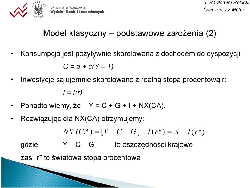 I(r) Ponadto wiemy, że Y = C + G + I + NX(CA).