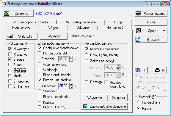 4. W kolejnym kroku zaznaczamy wskazane pola wyboru: 5. Następnie klikamy na przycisk Podsumowanie. Statystyki opisowe (babulice100.sta) Zmienna N ważnych Średnia Ufność Ufność Minimum Maksimum Odch.