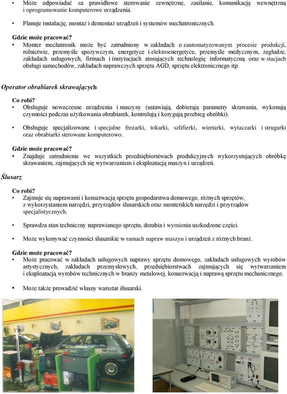 Monter mechatronik może być zatrudniony w zakładach o zautomatyzowanym procesie produkcji, rolnictwie, przemyśle spożywczym, energetyce i elektroenergetyce, przemyśle medycznym, żegludze, zakładach