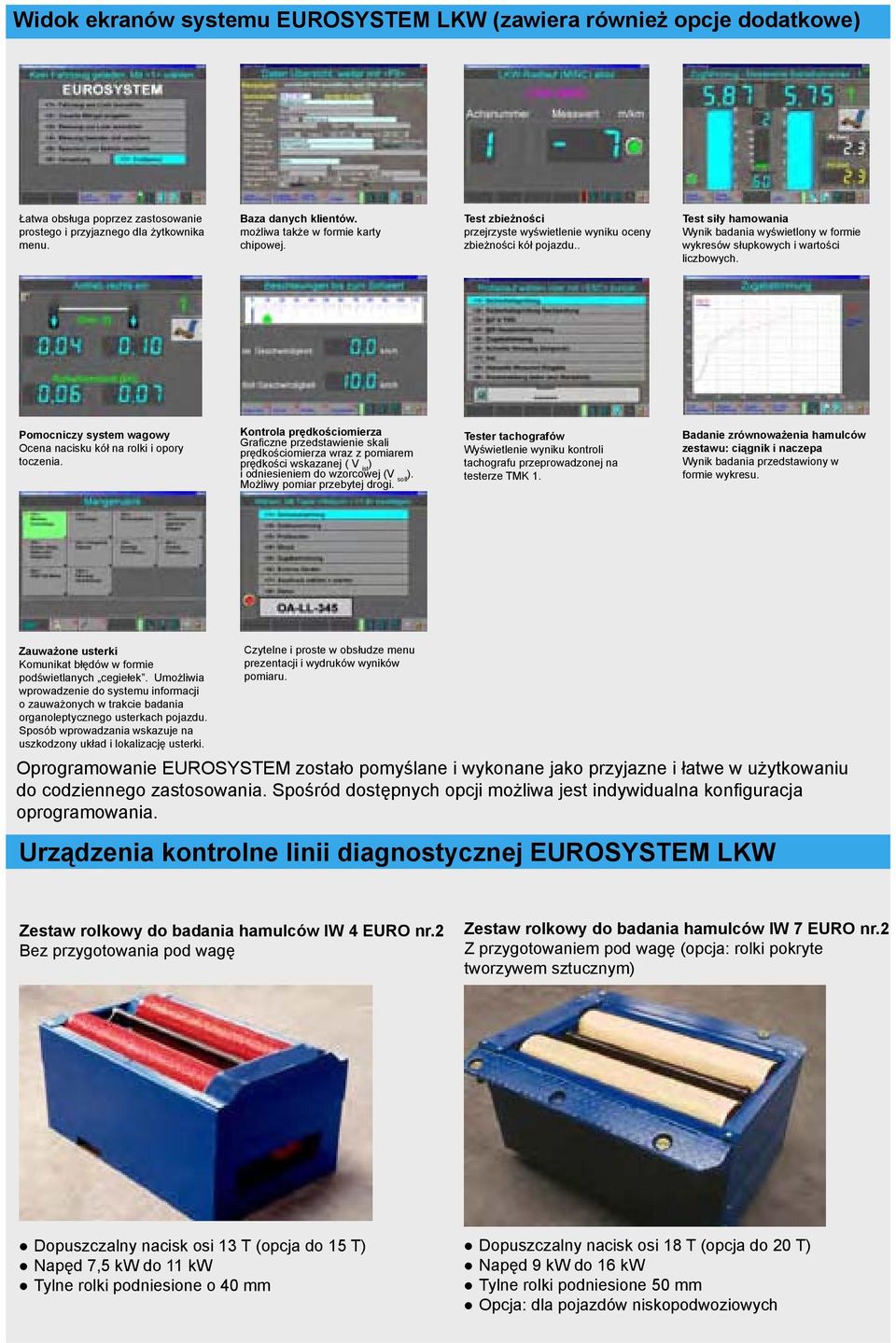 . Test siły hamowania Wynik badania wyświetlony w formie wykresów słupkowych i wartości liczbowych. Pomocniczy system wagowy Ocena nacisku kół na rolki i opory toczenia.