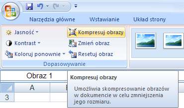 Rys. 2. Narzędzie kompresji obrazów w Excelu 2007 4. Wybierz przycisk Opcje, w wyniku czego wyświetlone zostanie okno z ustawieniami kompresji. Rys. 3.