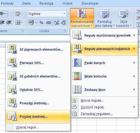 => JeŜeli pracujesz w Excelu 2007: 1. Zaznacz wszystkie kwoty i uaktywnij kartę Narzędzia główne. 2. W grupie poleceń Style kliknij Formatowanie warunkowe i dalej Reguły pierwszych/ostatnich.