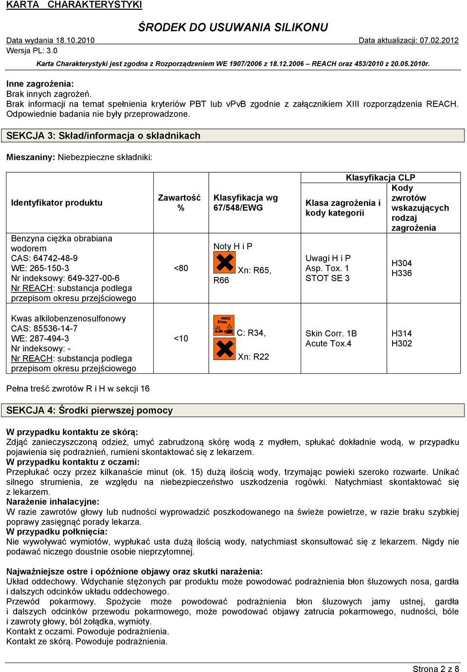 REACH: substancja podlega przepisom okresu przejściowego Zawartość % <80 Klasyfikacja wg 67/548/EWG Noty H i P R66 Xn: R65, Klasa zagrożenia i kody kategorii Uwagi H i P Asp. Tox.