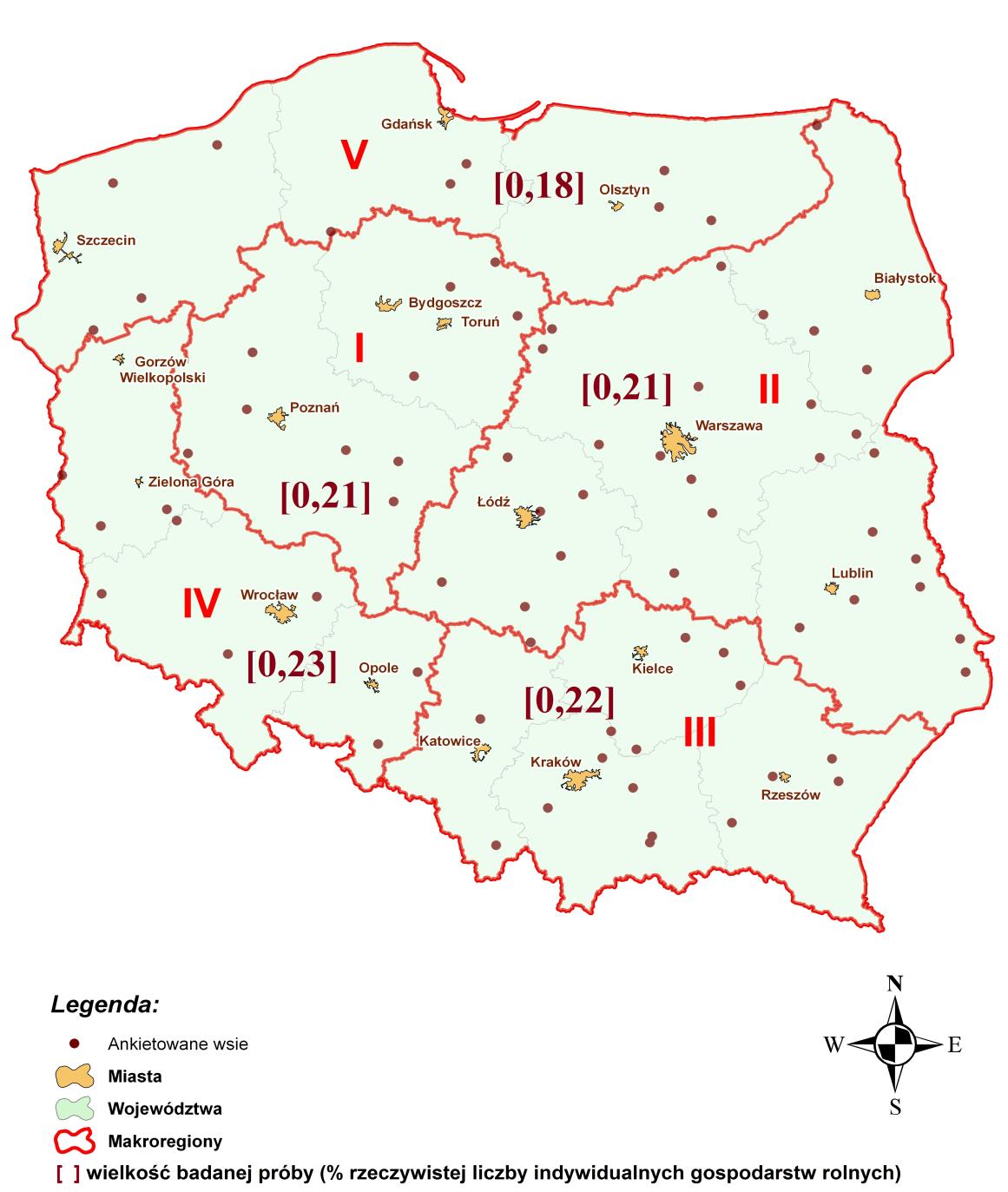 Położenie wsi oraz wielkość próby badawczej IERiGŻ w 2011 roku w podziale makroregionalnym Pogrubioną linią zaznaczono granice wyróżnionych makroregionów, które obejmują następujące województwa: I
