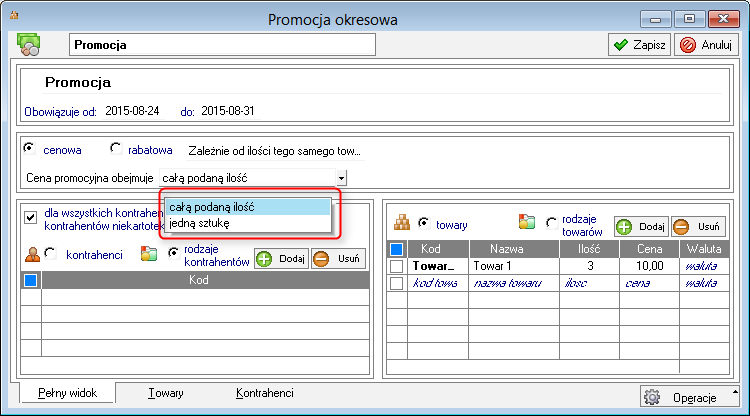 Po wybraniu promocji cenowej, wprowadzeniu parametrów promocji: nazwy, kodu i czasu obowiązywania promocji, wskazaniu kontrahentów i towarów objętych promocją określa się czy promocja zależy, czy nie